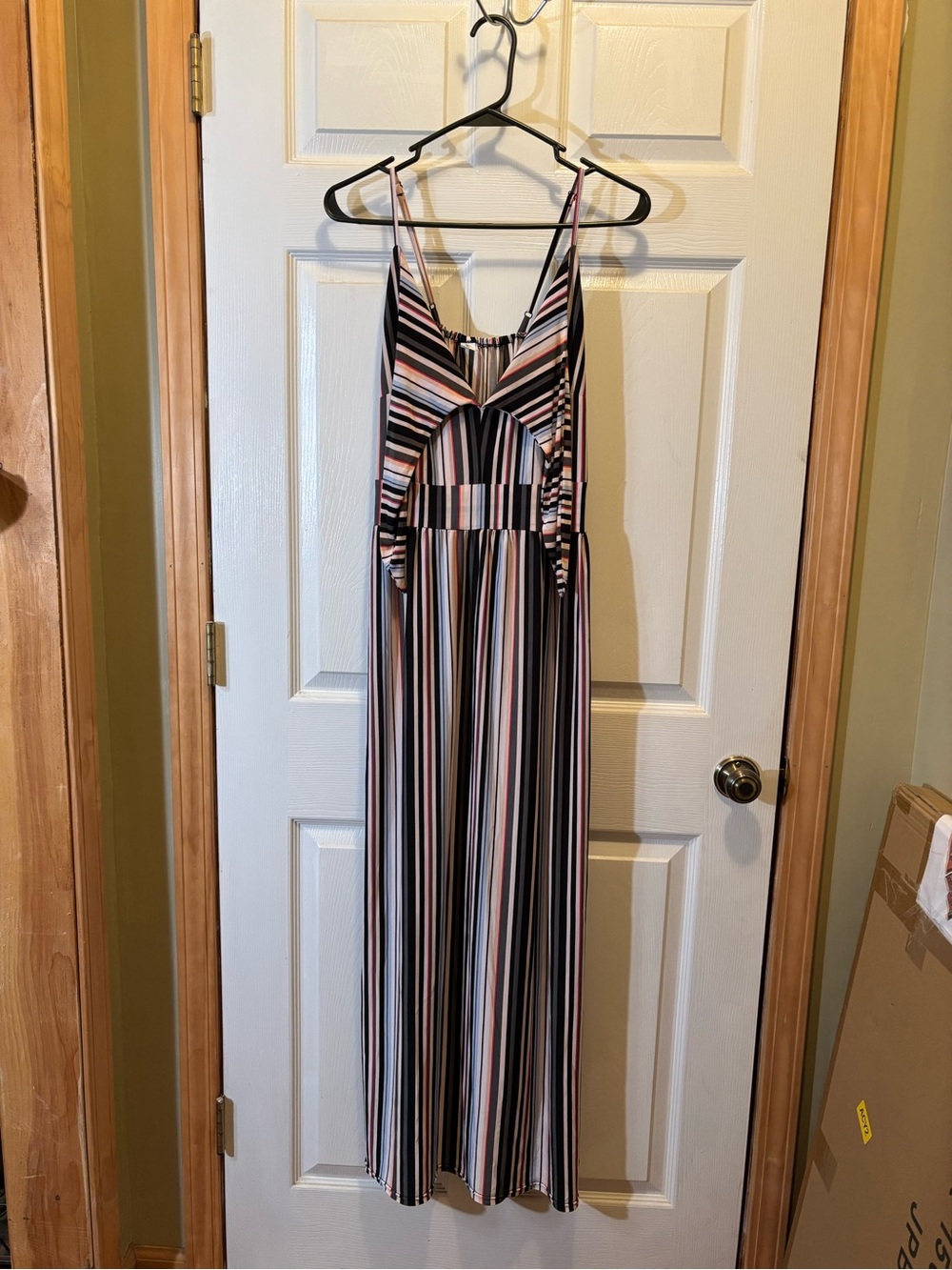 Striped Spaghetti Strap Maxi Dress - Black, White, Pink Stripes